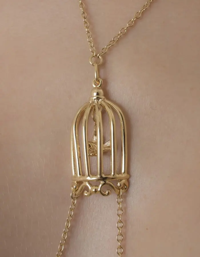 Ain't It Strange - Women's Bird in a Cage Neck Breast Chain and Non-Piercing Nipple Rings in Gold
