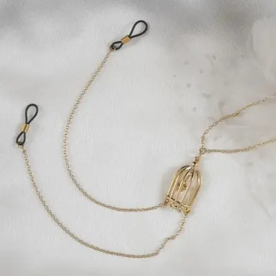 Ain't It Strange - Women's Bird in a Cage Neck Breast Chain and Non-Piercing Nipple Rings in Gold