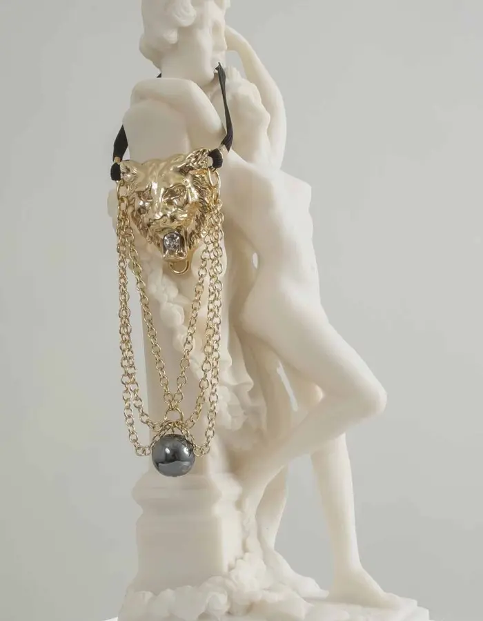 The Getaway - Gold Lion Head Penis Chain Bracelet with Hematite Gem
