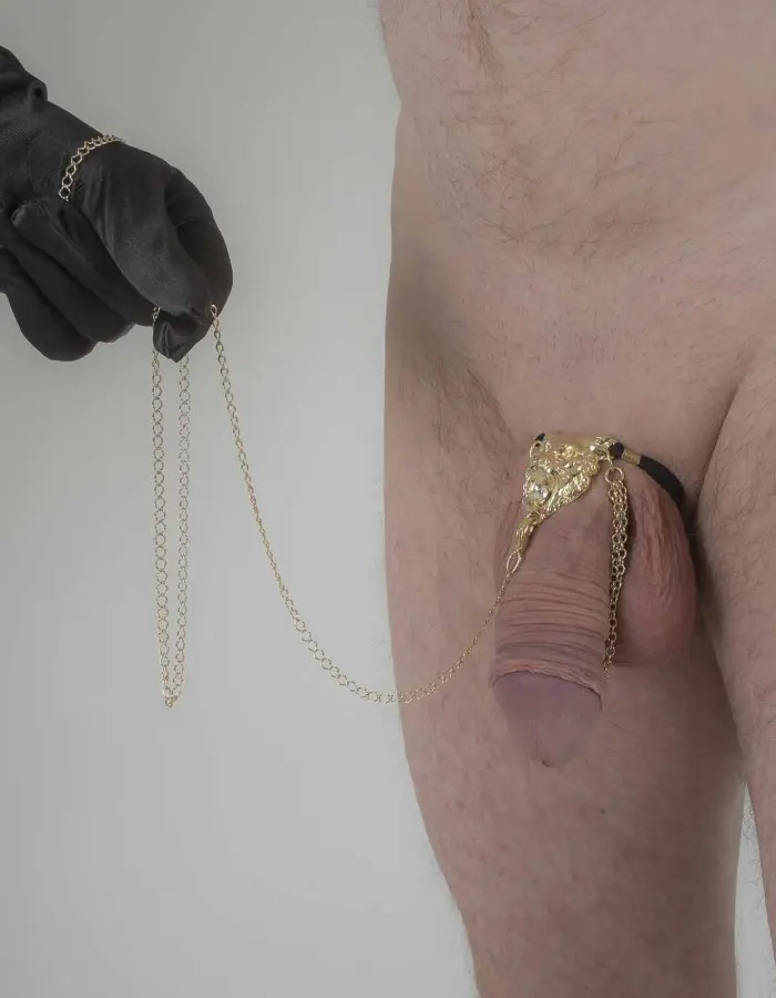 The Getaway - Gold Lion Head Penis Chain Bracelet with Hematite Gem