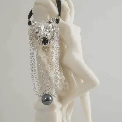 Hear Me Roar - Silver Lion Head Penis Chain Bracelet with Hematite Gem