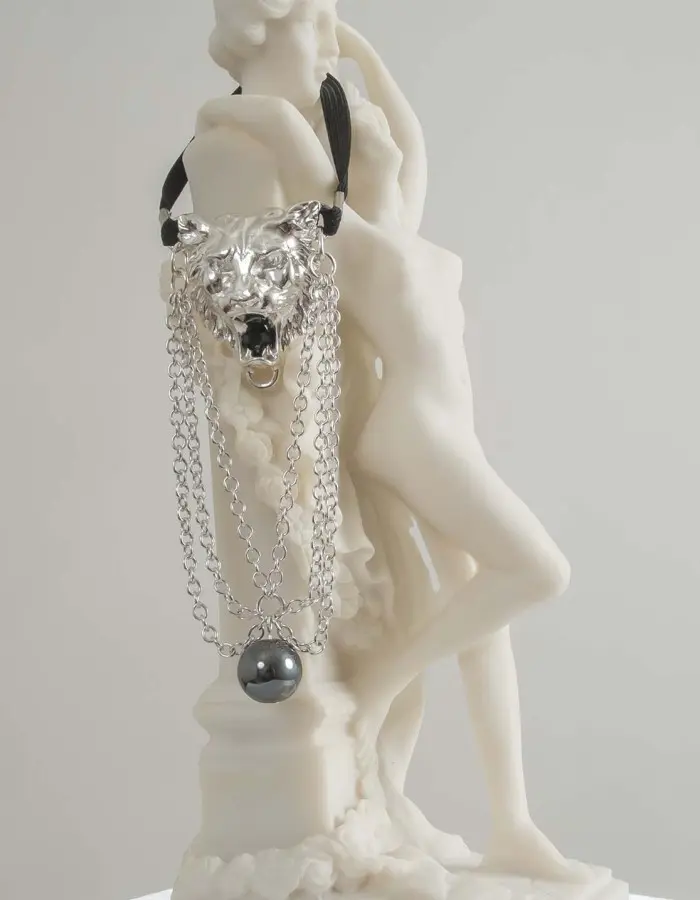 Hear Me Roar - Silver Lion Head Penis Chain Bracelet with Hematite Gem