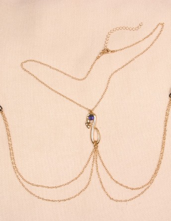 Bastet - Gold Serpent Necklace with Blue Gem and Nipple Chain