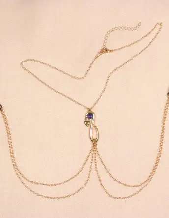 Bastet - Gold Serpent Necklace with Blue Gem and Nipple Chain
