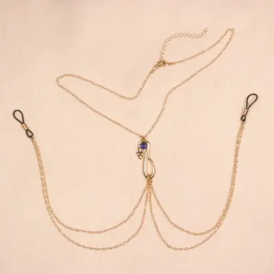 Bastet - Gold Serpent Necklace with Blue Gem and Nipple Chain