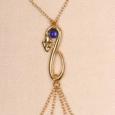 Bastet - Gold Serpent Necklace with Blue Gem and Nipple Chain