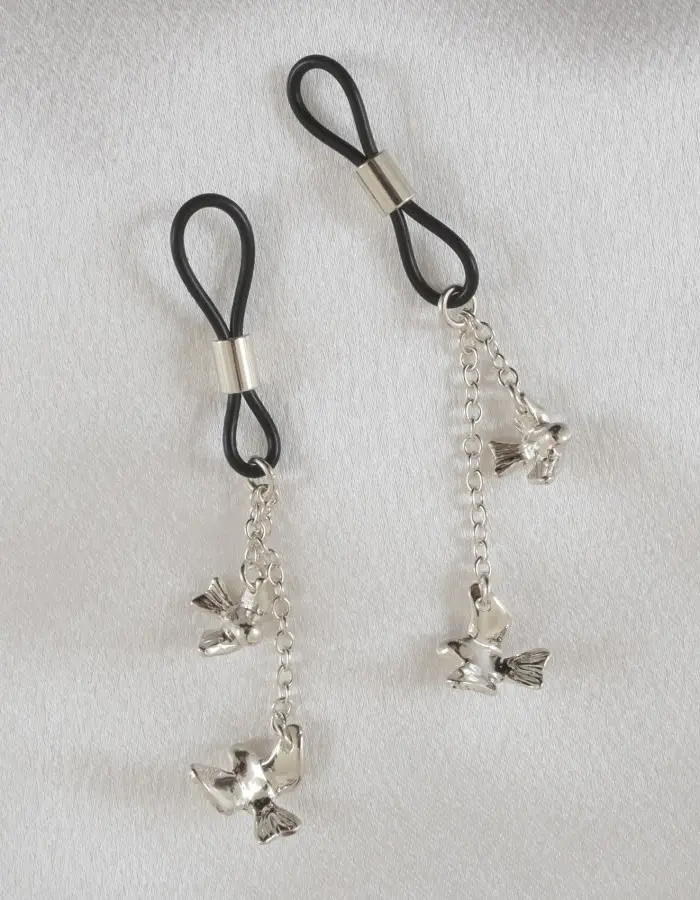Boom Boom - Women's Non-Piercing Silver Nipple Rings with Bird Pendants