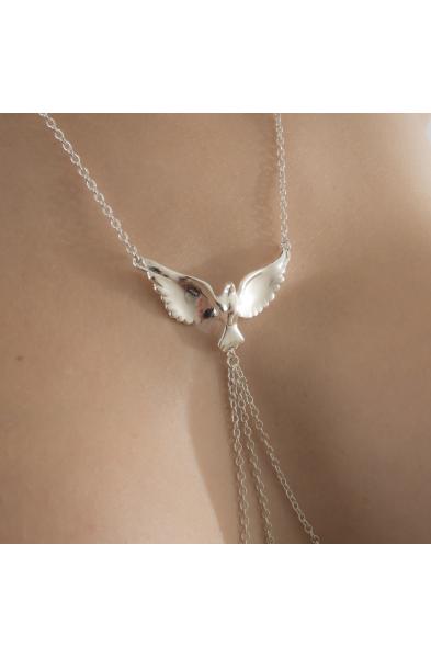 Born Never Asked - Dove Neck Chain with Pendant and Non-Piercing Nipple Rings in Silver