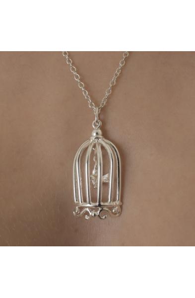 Break It Up - Silver Bird in a Cage Necklace