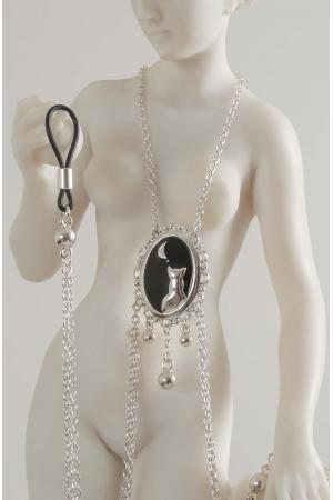 It's Oh So Quiet - Women's Moonlight Cameo Breast Chain Non-Piercing Nipple Rings in Silver