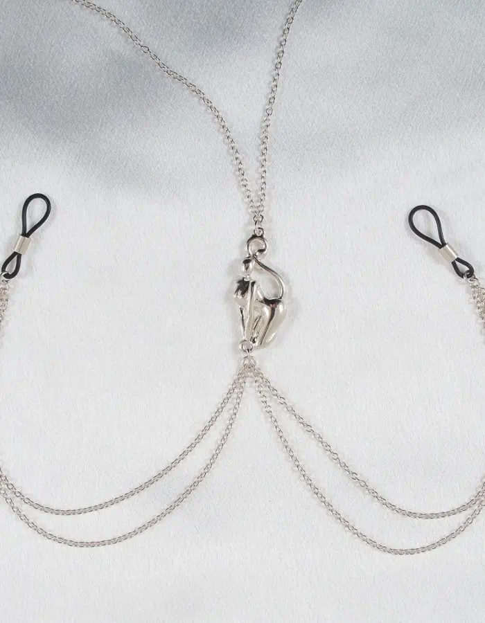 Catwoman Hunted - Sterling Silver Breast and Nipple Chain With Catwoman Figurine
