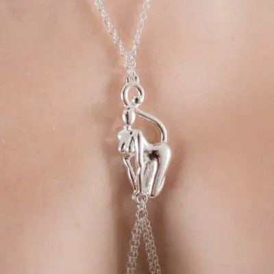 Catwoman Hunted - Sterling Silver Breast and Nipple Chain With Catwoman Figurine