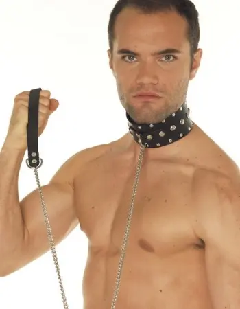 Leather Collar With Studs and Chain Leash