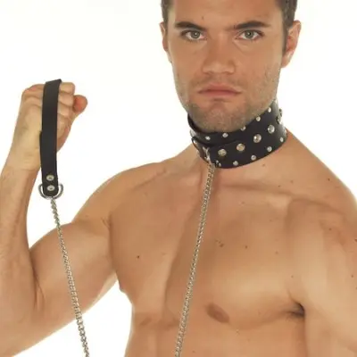 Leather Collar With Studs and Chain Leash