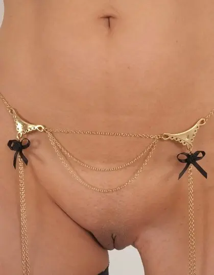Deeper and Deeper - Gold Double Lace and Bow Dangling Waist Chain