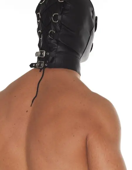 Leather Executioner Hood with Detachable Eye Covers, Mouthpiece and Back Zipper