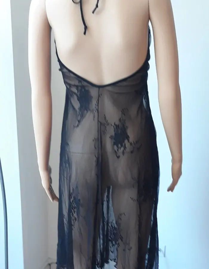 Giselle - Wide Lace Halter Gown Lingerie with Micro G-String