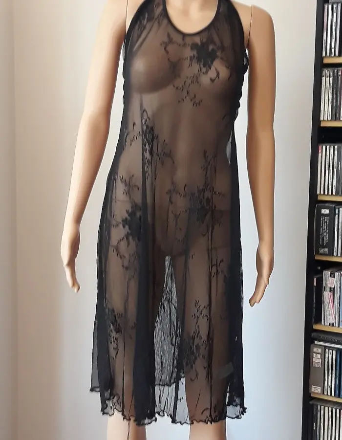 Giselle - Wide Lace Halter Gown Lingerie with Micro G-String