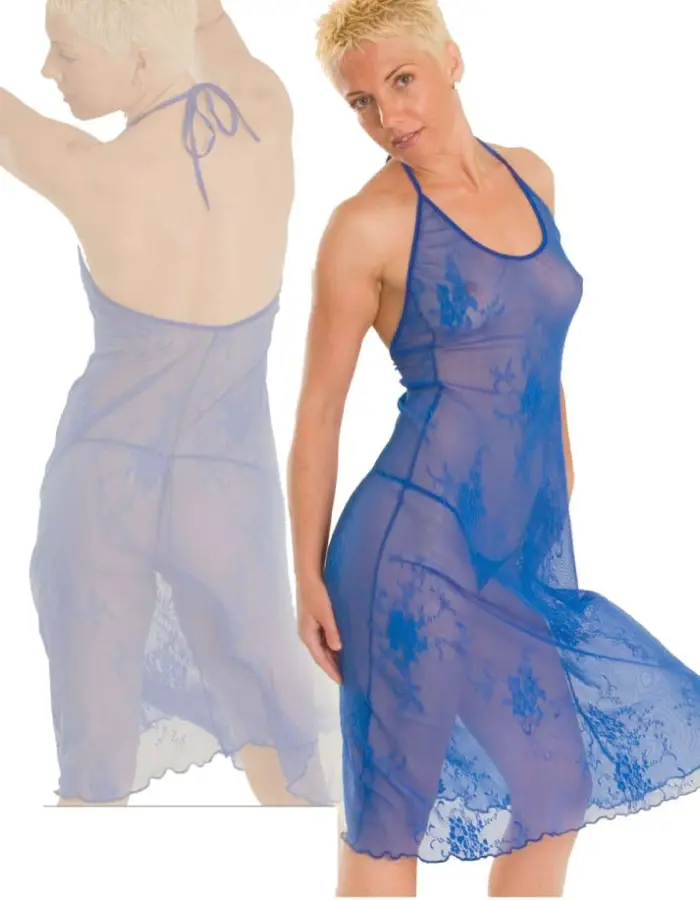 Giselle - Wide Lace Halter Gown Lingerie with Micro G-String