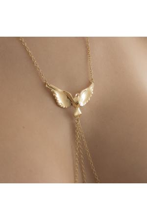 Gravity's Angel - Women's Dove Neck Chain with Pendant and Non-Piercing Nipple Rings in Gold