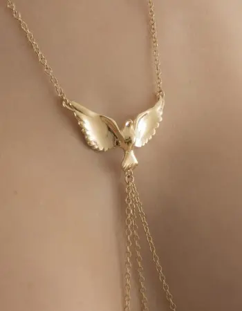 Gravity's Angel - Women's Dove Neck Chain with Pendant and Non-Piercing Nipple Rings in Gold