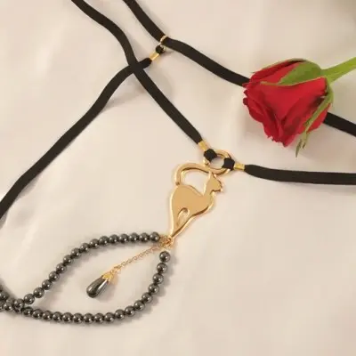 Hatshepsut - Women's Gold G-String With Cat & Hematite Charms
