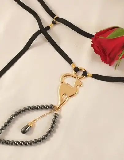 Hatshepsut - Women's Gold G-String With Cat & Hematite Charms