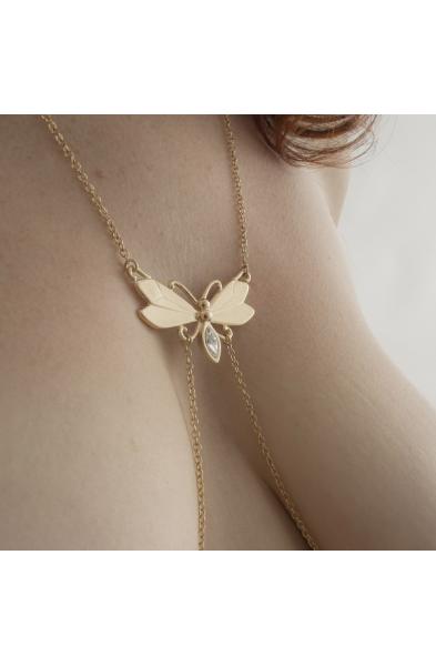 In This Life - Women's Butterfly Neck Chain With Non-Piercing Crystal Pendant Nipple Rings in Gold