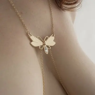 In This Life - Women's Butterfly Neck Chain With Non-Piercing Crystal Pendant Nipple Rings in Gold