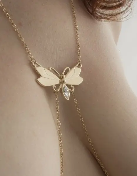 In This Life - Women's Butterfly Neck Chain With Non-Piercing Crystal Pendant Nipple Rings in Gold