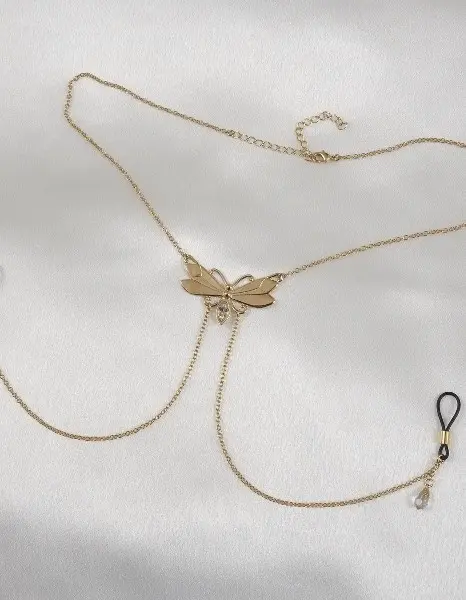In This Life - Women's Butterfly Neck Chain With Non-Piercing Crystal Pendant Nipple Rings in Gold