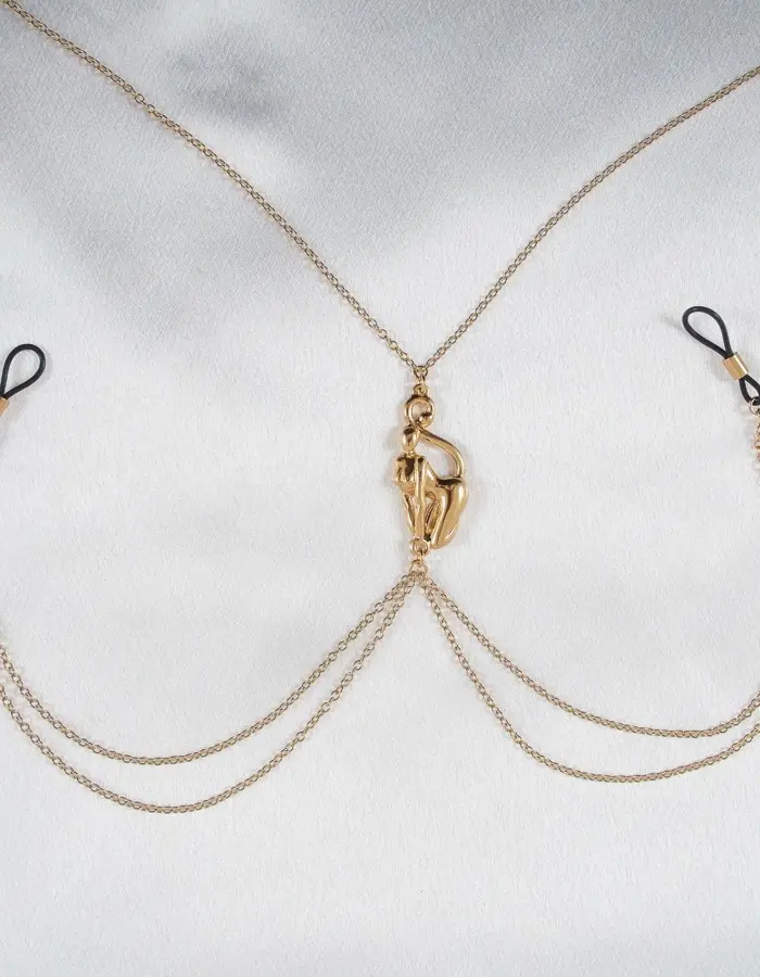Kiss of the Catwoman - Gold Breast and Nipple Chain With Catwoman Figurine