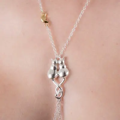 Kittens - Silver and Gold Necklace and Nipple Jewelry With Cat and Moon Charms