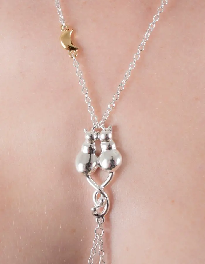 Kittens - Silver and Gold Necklace and Nipple Jewelry With Cat and Moon Charms