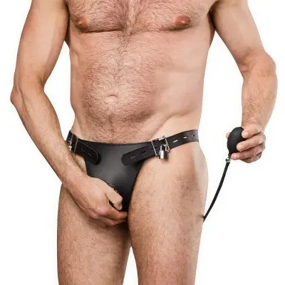 Leather Male Chastity Briefs with Inflatable Anal Plug
