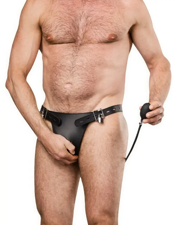 Leather Male Chastity Briefs with Inflatable Anal Plug