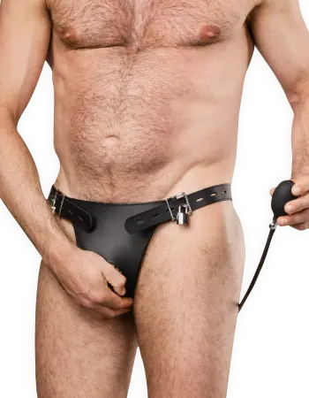 Leather Male Chastity Briefs with Inflatable Anal Plug