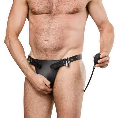 Leather Male Chastity Briefs with Inflatable Anal Plug
