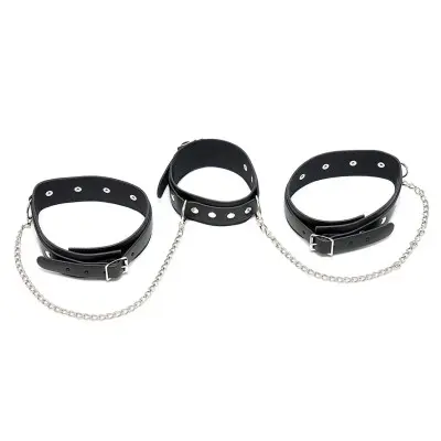 Leather Neck Collar to Thigh Collar Combo With Chain