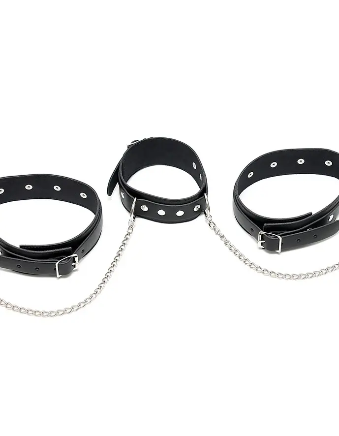 Leather Neck Collar to Thigh Collar Combo With Chain