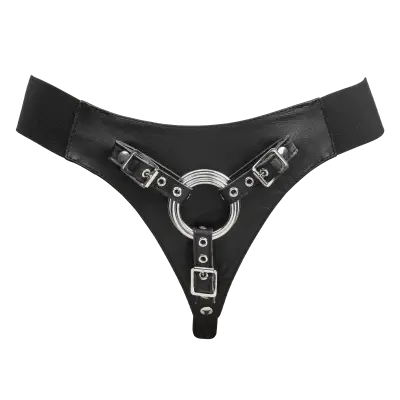 Leather Strap-On G-String Harness with 3 Interchangeable Metal Rings