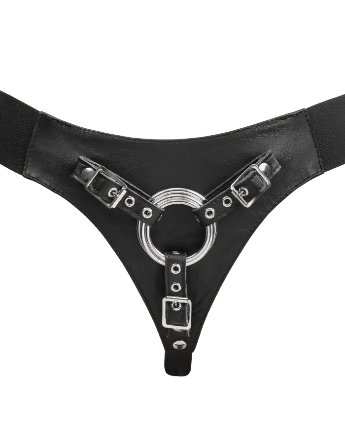Leather Strap-On G-String Harness with 3 Interchangeable Metal Rings