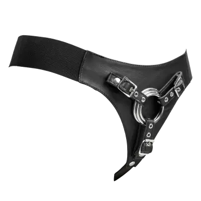 Leather Strap-On G-String Harness with 3 Interchangeable Metal Rings