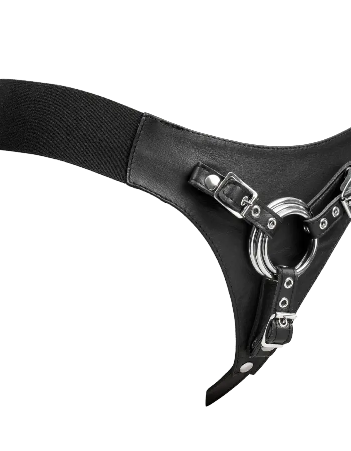 Leather Strap-On G-String Harness with 3 Interchangeable Metal Rings