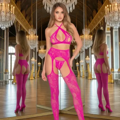 3 Pc Lace Open Cup Cross-Over Bra Top, Crotchless Panty, and Garter Belt Stockings - Os - Magenta