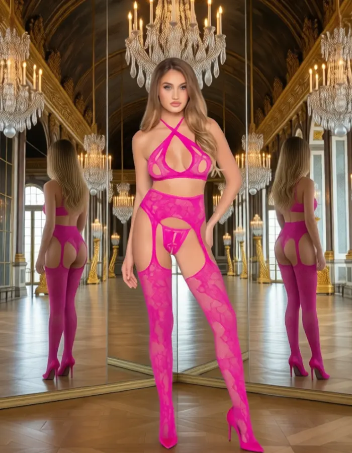 3 Pc Lace Open Cup Cross-Over Bra Top, Crotchless Panty, and Garter Belt Stockings - Os - Magenta