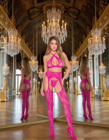 3 Pc Lace Open Cup Cross-Over Bra Top, Crotchless Panty, and Garter Belt Stockings - Os - Magenta