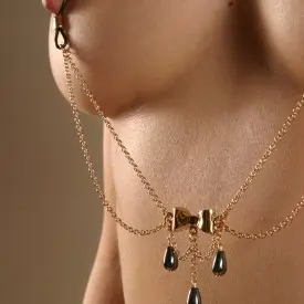 Love Me Harder - Nipple Chain in Gold With Bow Tie and Three Hematite Pendants