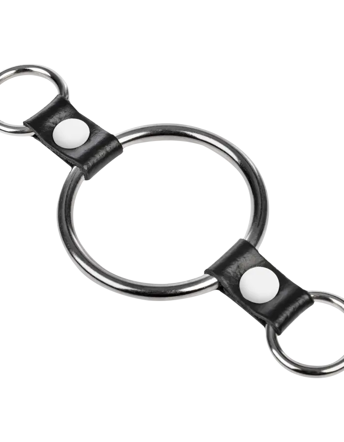 Metal Cock Ring with Leather Straps & Attachment Rings – 50 mm
