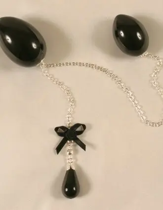 Otohime - Black Double Penetrating Eggs With Silver Chain and Bow